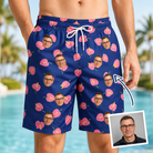 Man wearing Men's Arum Around Custom Face Beach Shorts — custom faces printed all-over