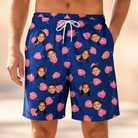 Model wearing Men's Arum Around Custom Face Beach Shorts printed with kids' faces