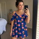 Real-life photo of someone wearing Women's Arum Around Custom Face Off-Shoulder Dress — custom faces printed all-over
