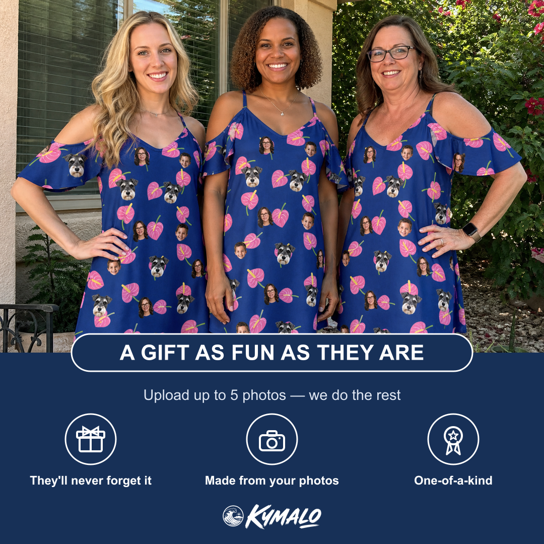 Friends in matching Women's Arum Around Custom Face Off-Shoulder Dress — a group gift photo