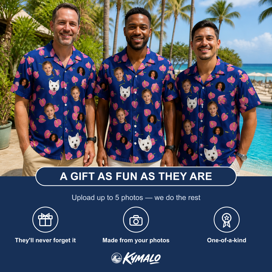 Friends in matching Men's Arum Around Custom Face Hawaiian Shirt — a group gift photo