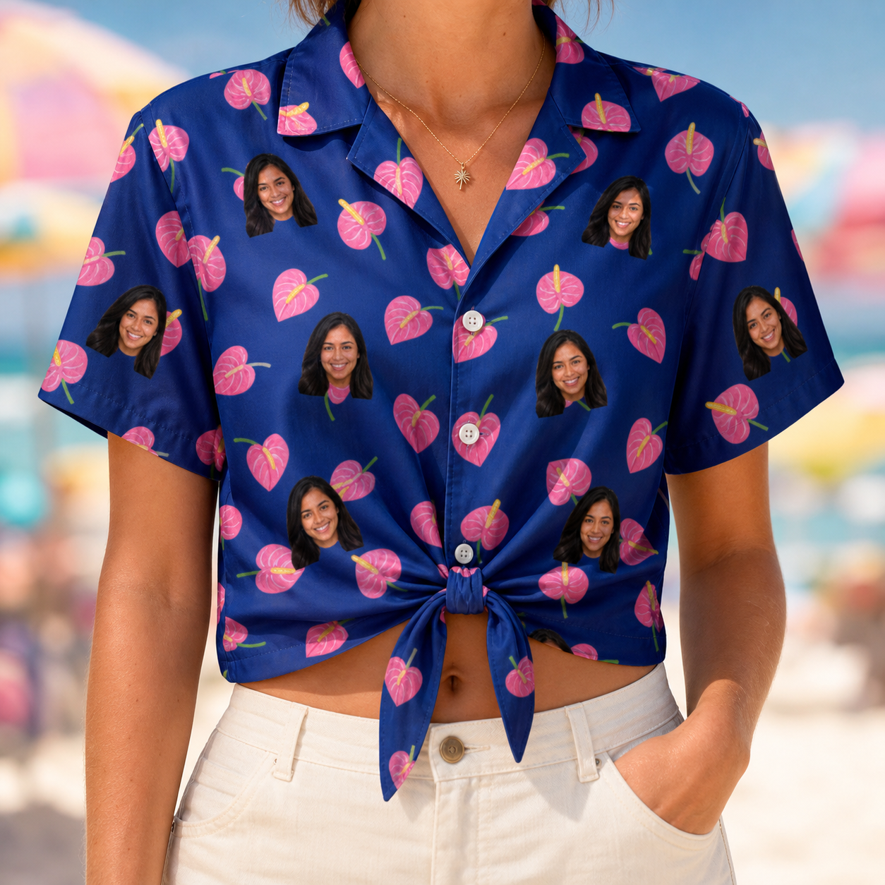 Woman wearing Women's Arum Around Custom Face Hawaiian Shirt tied at the waist