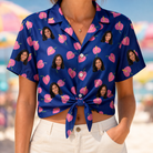Woman wearing Women's Arum Around Custom Face Hawaiian Shirt tied at the waist