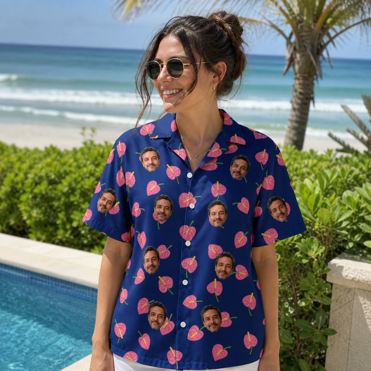 Real-life photo of someone wearing Women's Arum Around Custom Face Hawaiian Shirt — custom faces printed all-over