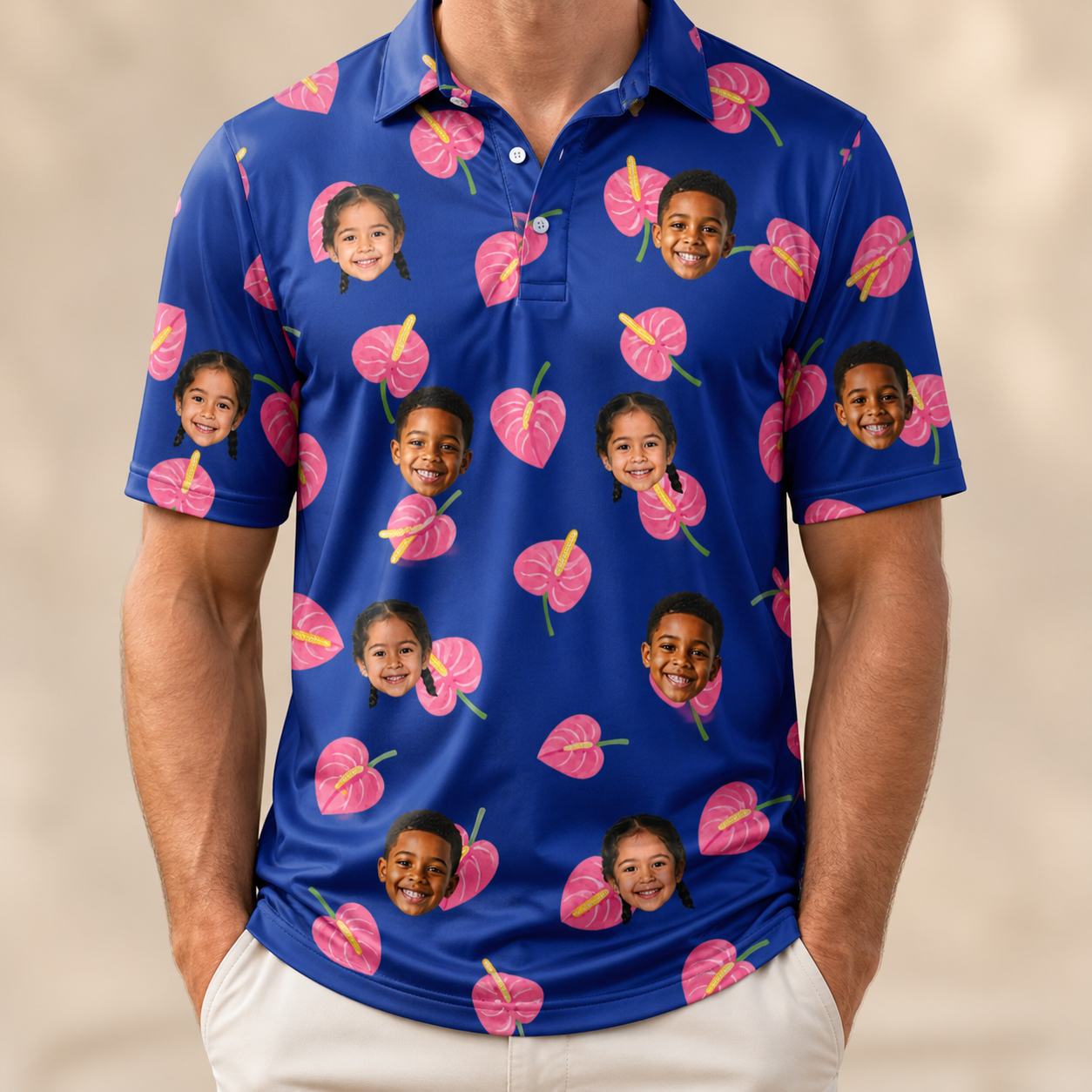 Model wearing Men's Arum Around Custom Face Polo Shirt printed with kids' faces