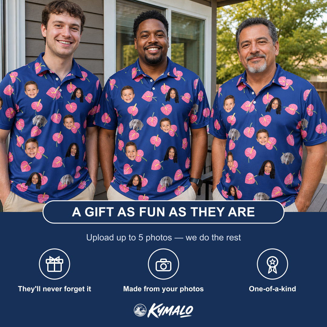 Friends in matching Men's Arum Around Custom Face Polo Shirt — a group gift photo