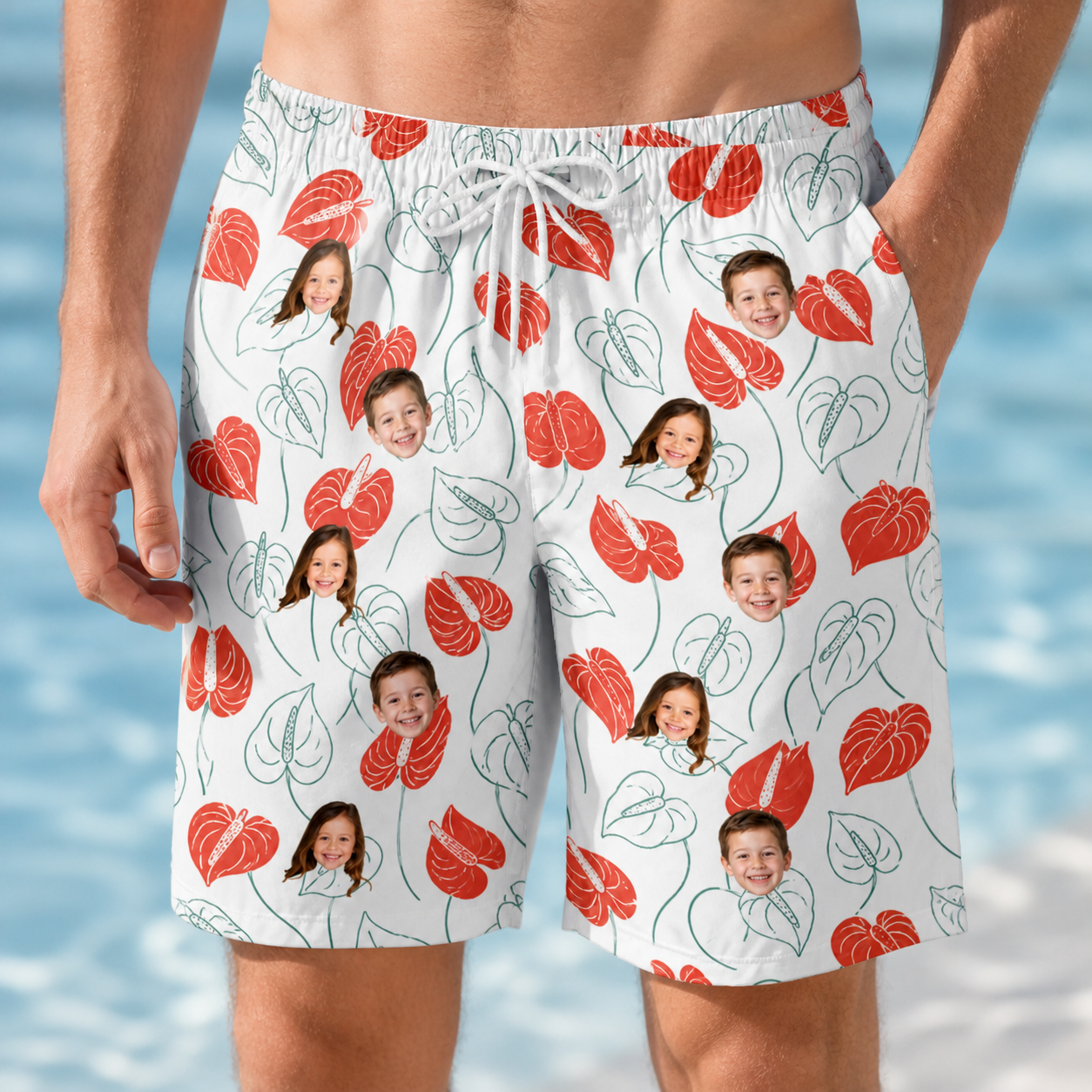 Model wearing Men's Heartleaf Heat Custom Face Beach Shorts printed with kids' faces