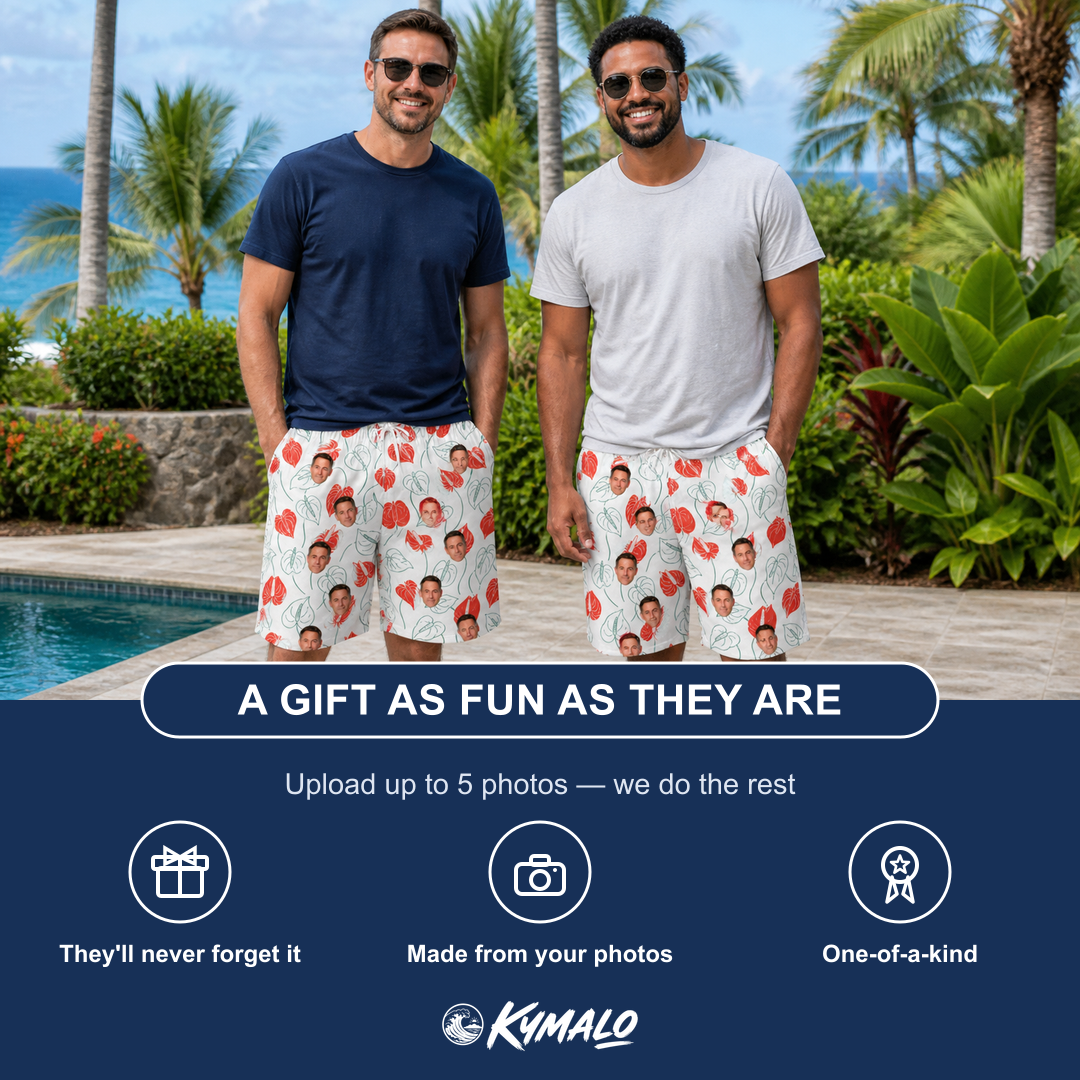 Friends in matching Men's Heartleaf Heat Custom Face Beach Shorts — a group gift photo