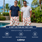 Friends in matching Men's Heartleaf Heat Custom Face Beach Shorts — a group gift photo