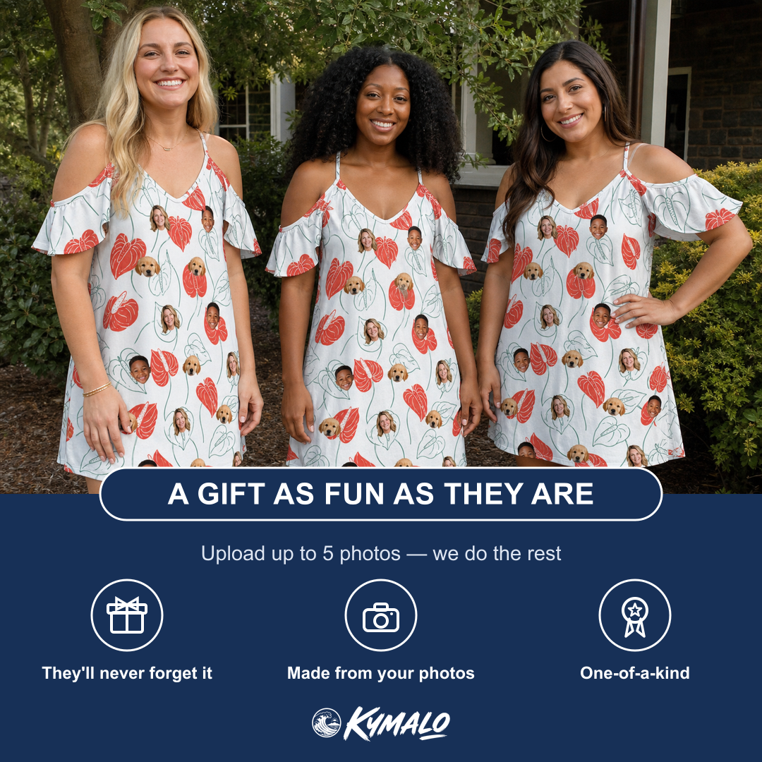 Friends in matching Women's Heartleaf Heat Custom Face Off-Shoulder Dress — a group gift photo