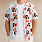 Man wearing Men's Heartleaf Heat Custom Face Hawaiian Shirt open over a white tee