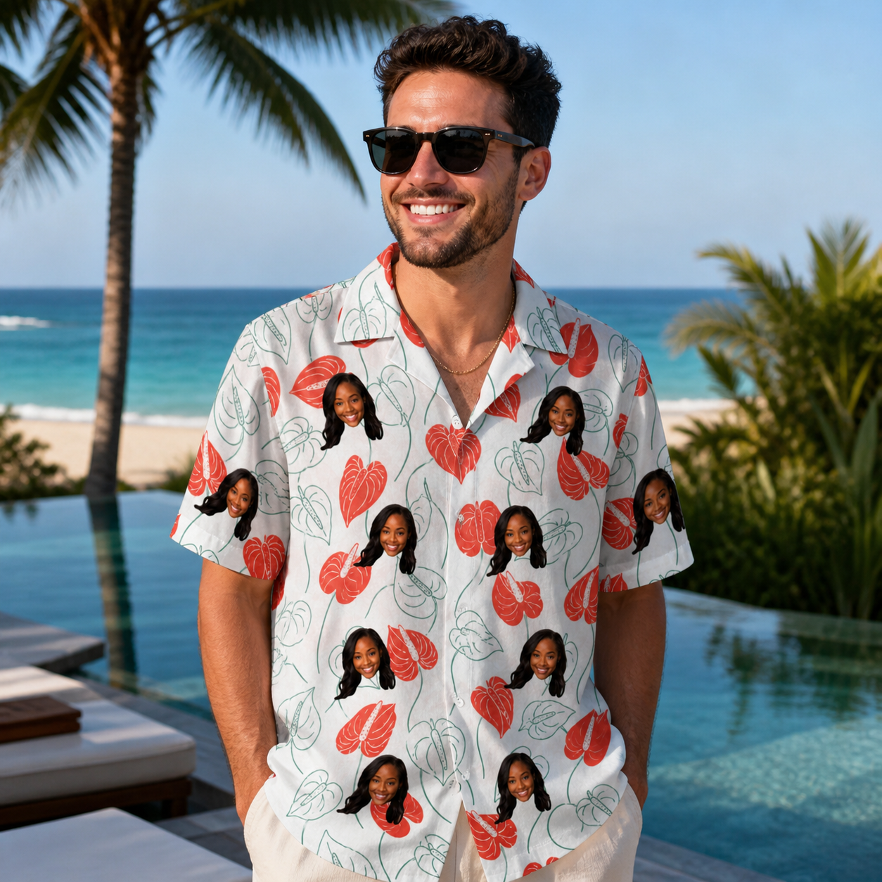 Real-life photo of someone wearing Men's Heartleaf Heat Custom Face Hawaiian Shirt — custom faces printed all-over