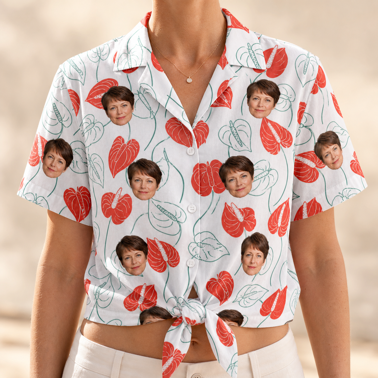 Woman wearing Women's Heartleaf Heat Custom Face Hawaiian Shirt tied at the waist
