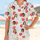 Model wearing Women's Heartleaf Heat Custom Face Hawaiian Shirt printed with kids' faces