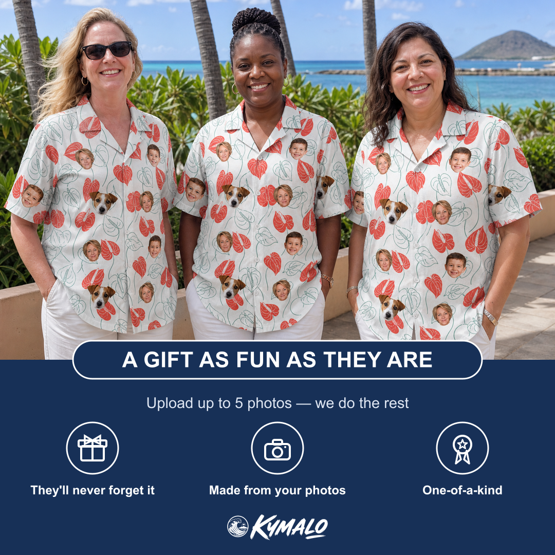 Friends in matching Women's Heartleaf Heat Custom Face Hawaiian Shirt — a group gift photo