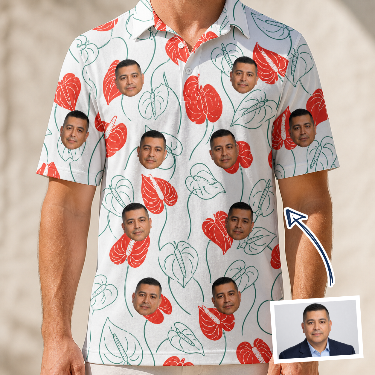 Man wearing Men's Heartleaf Heat Custom Face Polo Shirt — custom faces printed all-over