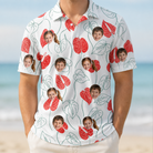 Model wearing Men's Heartleaf Heat Custom Face Polo Shirt printed with kids' faces