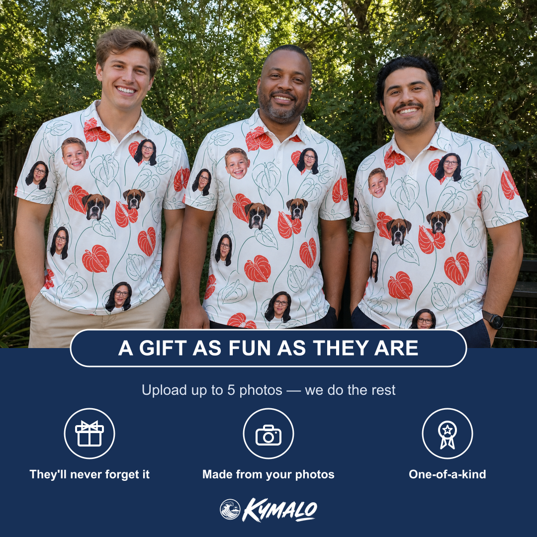 Friends in matching Men's Heartleaf Heat Custom Face Polo Shirt — a group gift photo