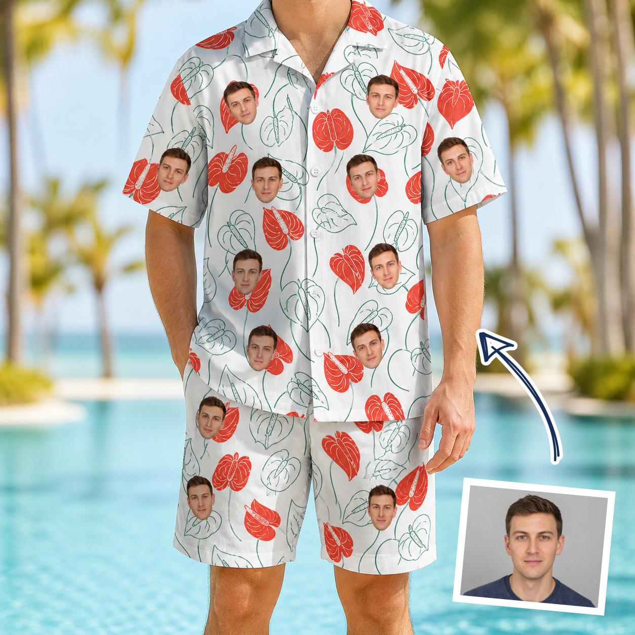 Man wearing Men's Heartleaf Heat Custom Face Shirt & Shorts Set — custom faces printed all-over