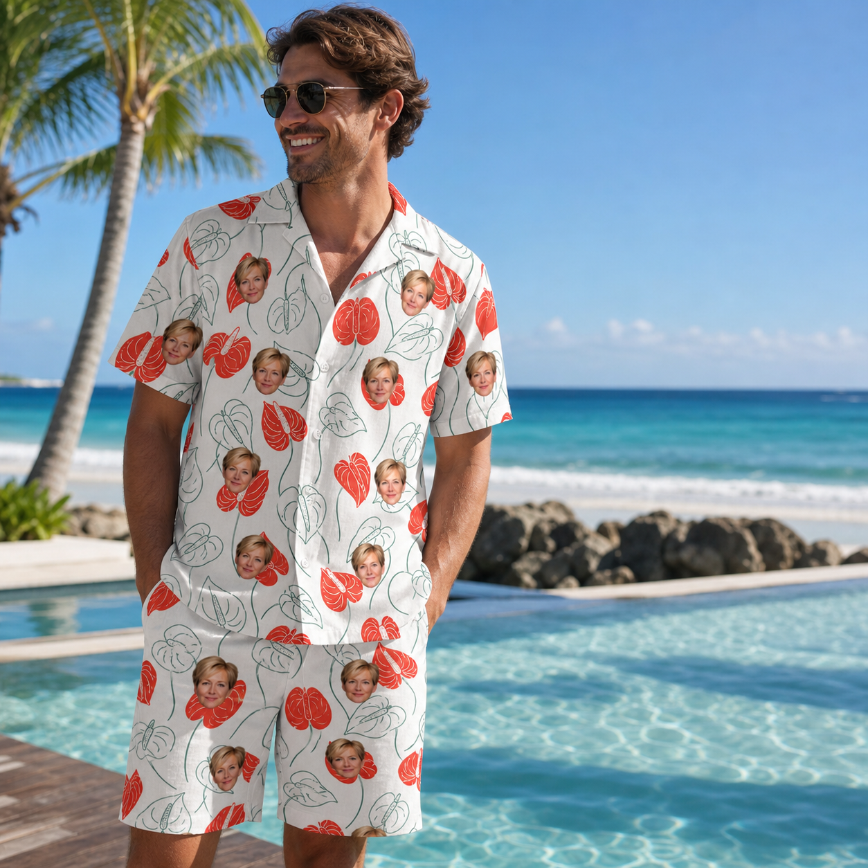 Real-life photo of someone wearing Men's Heartleaf Heat Custom Face Shirt & Shorts Set — custom faces printed all-over