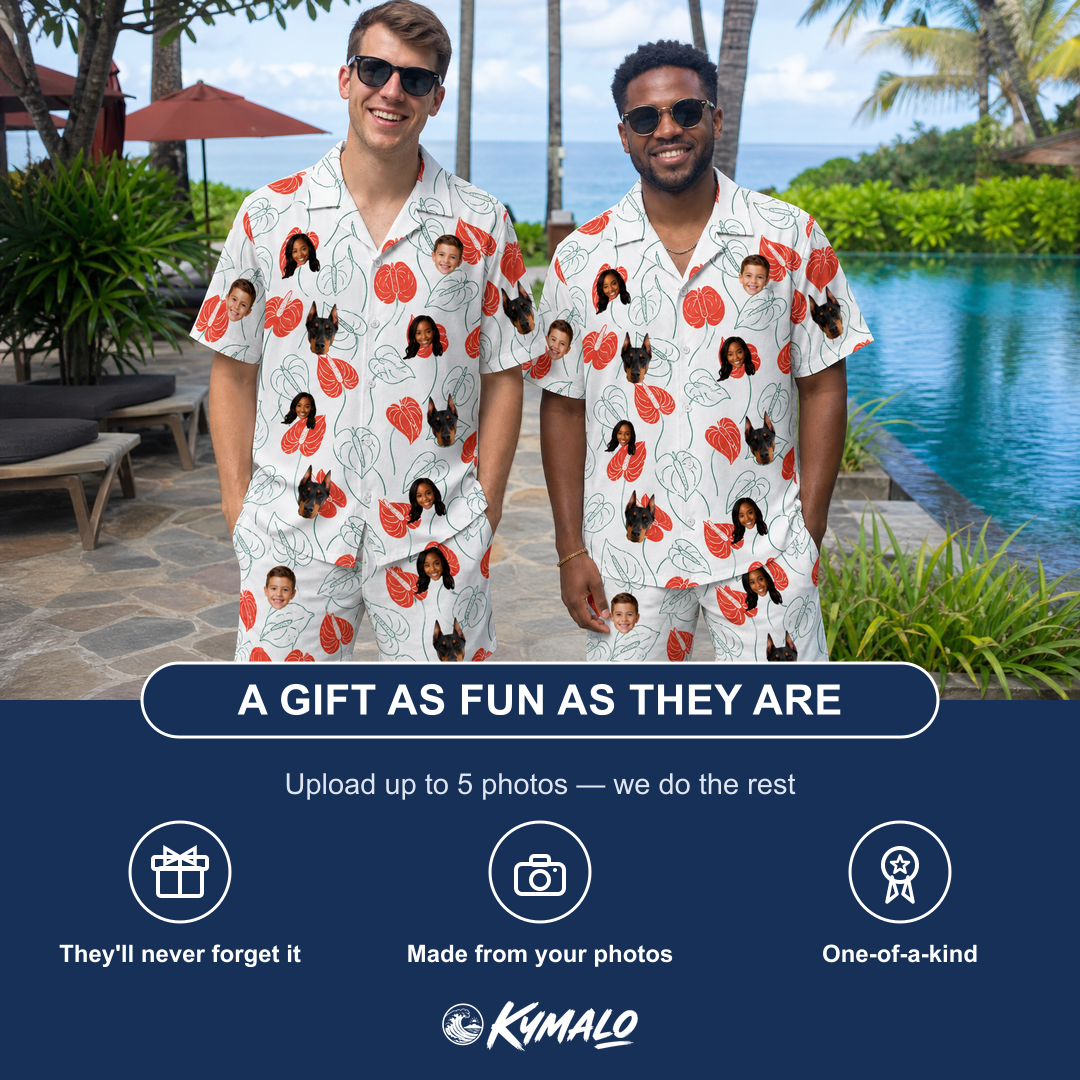 Friends in matching Men's Heartleaf Heat Custom Face Shirt & Shorts Set — a group gift photo