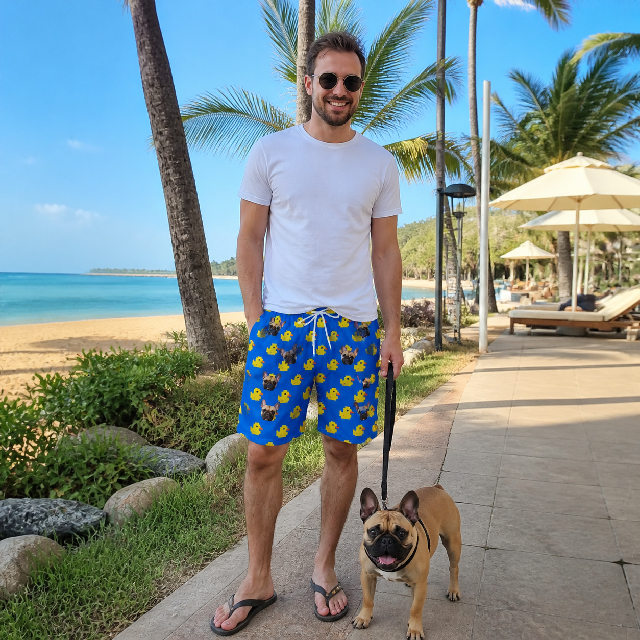 Full-length photo with the pet printed all over this Men's Bark Bath Custom Dog Face Beach Shorts