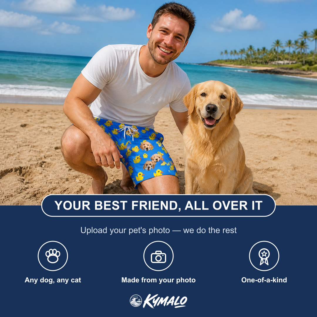 Friends in matching Men's Bark Bath Custom Dog Face Beach Shorts — a group gift photo