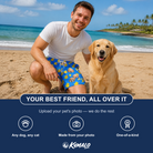 Friends in matching Men's Bark Bath Custom Dog Face Beach Shorts — a group gift photo