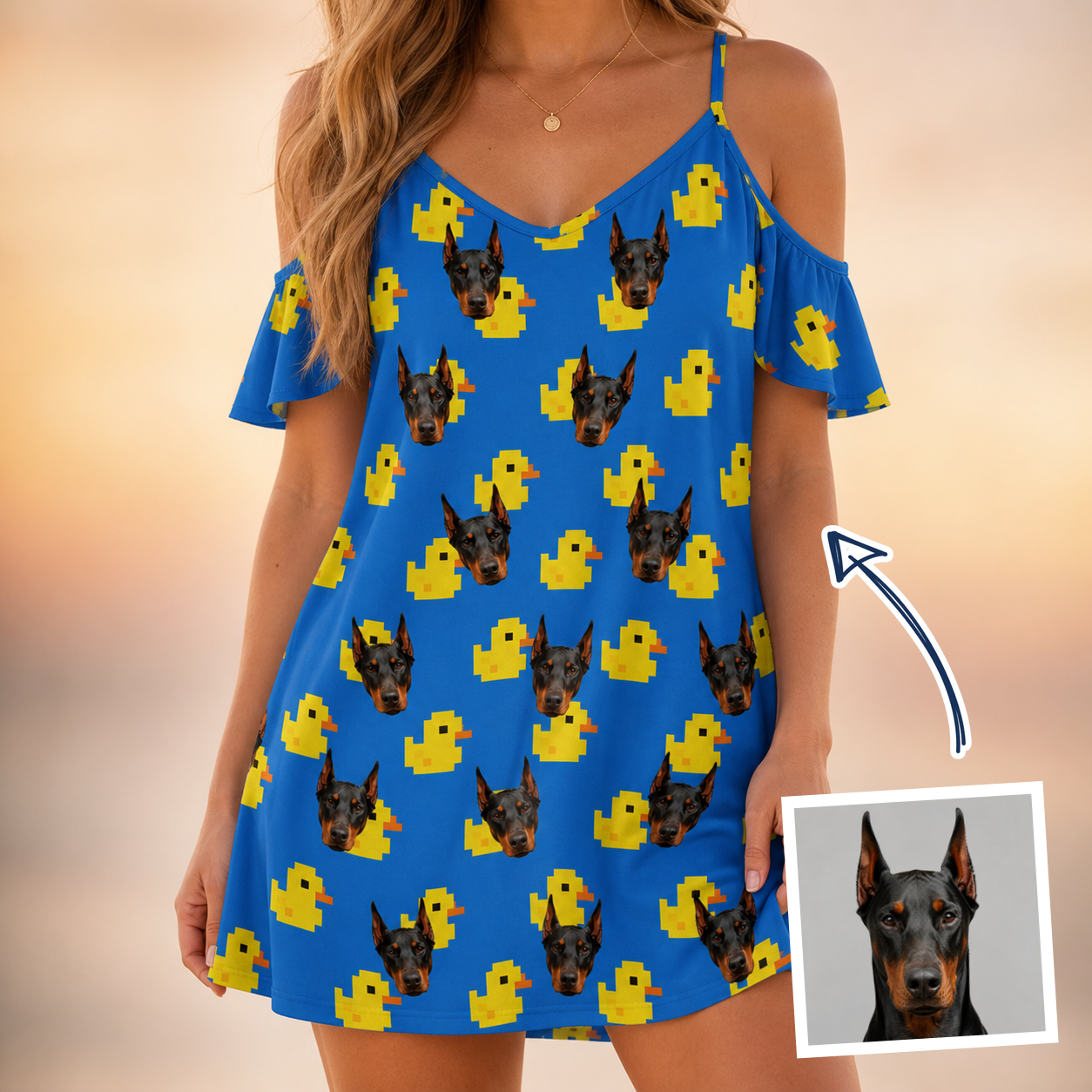 Woman wearing Women's Bark Bath Custom Dog Face Off-Shoulder Dress — custom faces printed all-over