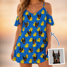 Woman wearing Women's Bark Bath Custom Dog Face Off-Shoulder Dress — custom faces printed all-over