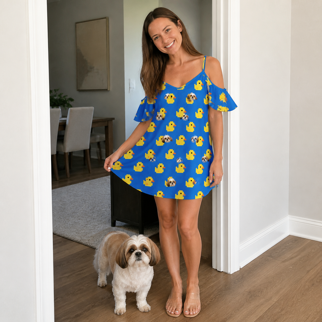 Full-length photo with the pet printed all over this Women's Bark Bath Custom Dog Face Off-Shoulder Dress
