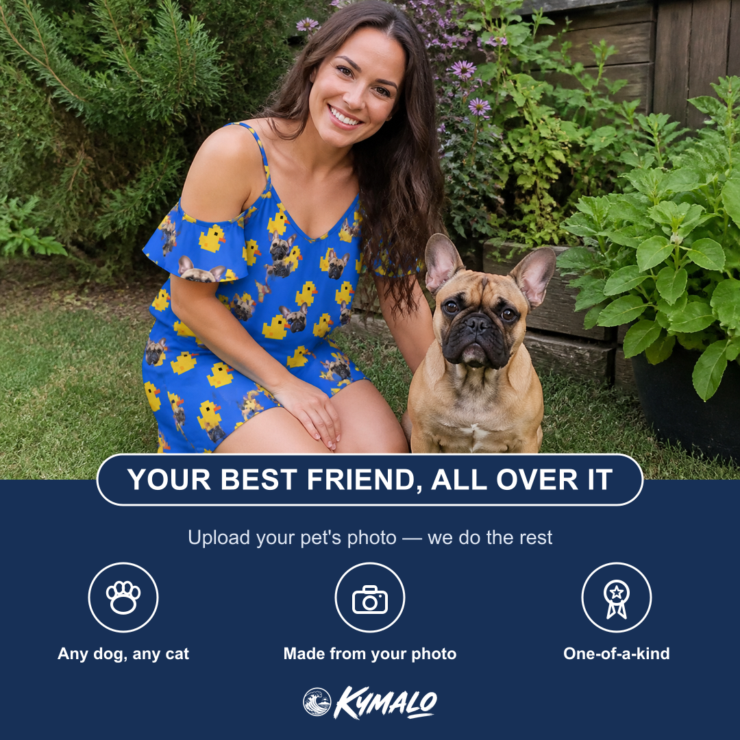 Friends in matching Women's Bark Bath Custom Dog Face Off-Shoulder Dress — a group gift photo
