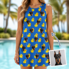 Woman wearing Women's Bark Bath Custom Dog Face Tank Dress — custom faces printed all-over