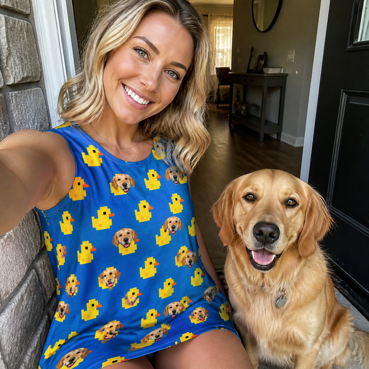 Selfie with the pet whose face is printed all over this Women's Bark Bath Custom Dog Face Tank Dress