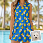 Woman wearing Women's Bark Bath Custom Dog Face V-Neck Dress — custom faces printed all-over