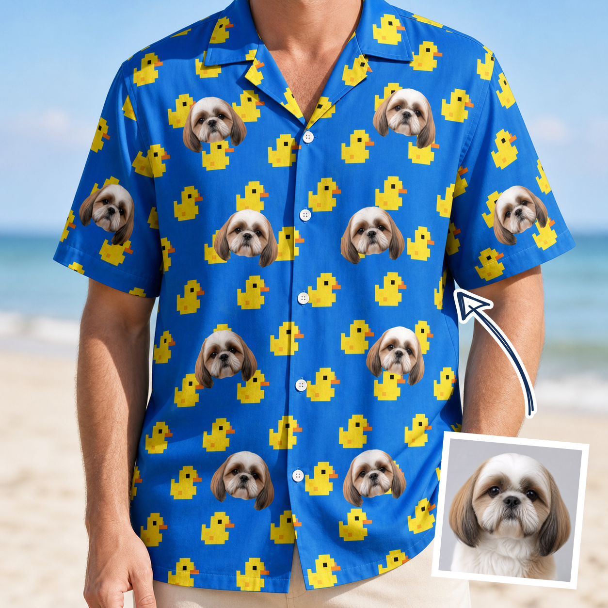Man wearing Men's Bark Bath Custom Dog Face Hawaiian Shirt — custom faces printed all-over