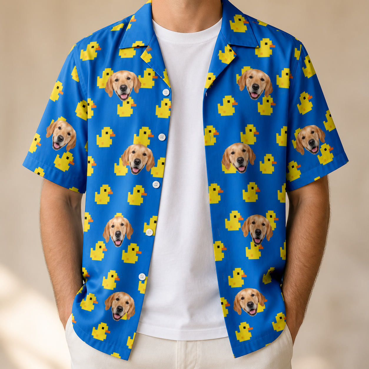 Man wearing Men's Bark Bath Custom Dog Face Hawaiian Shirt open over a white tee