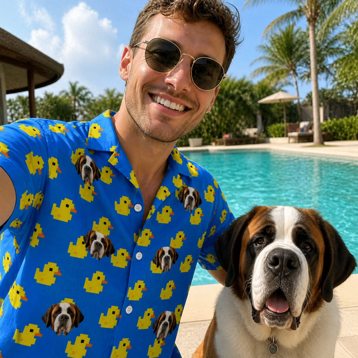 Selfie with the pet whose face is printed all over this Men's Bark Bath Custom Dog Face Hawaiian Shirt
