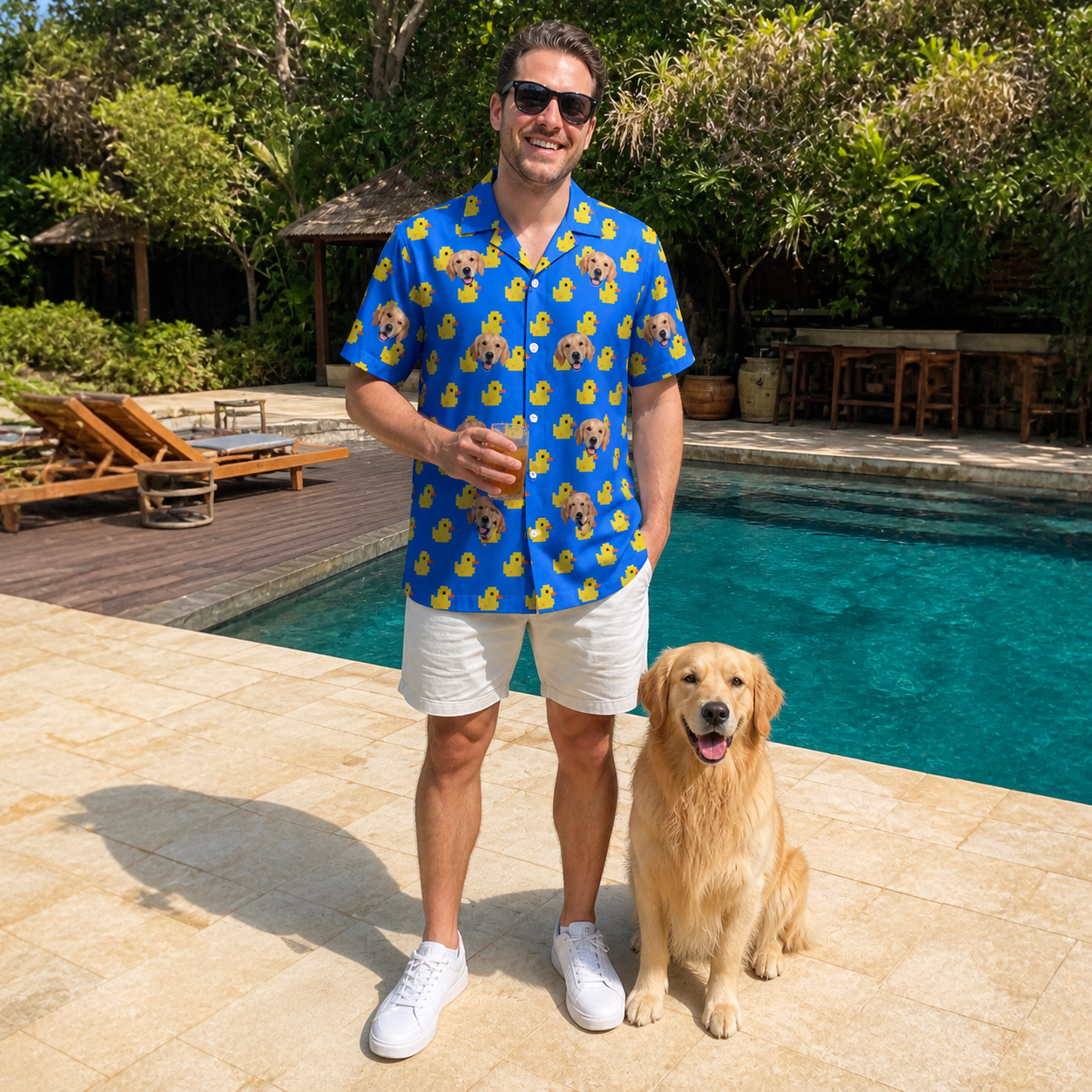 Full-length photo with the pet printed all over this Men's Bark Bath Custom Dog Face Hawaiian Shirt