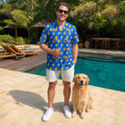 Full-length photo with the pet printed all over this Men's Bark Bath Custom Dog Face Hawaiian Shirt