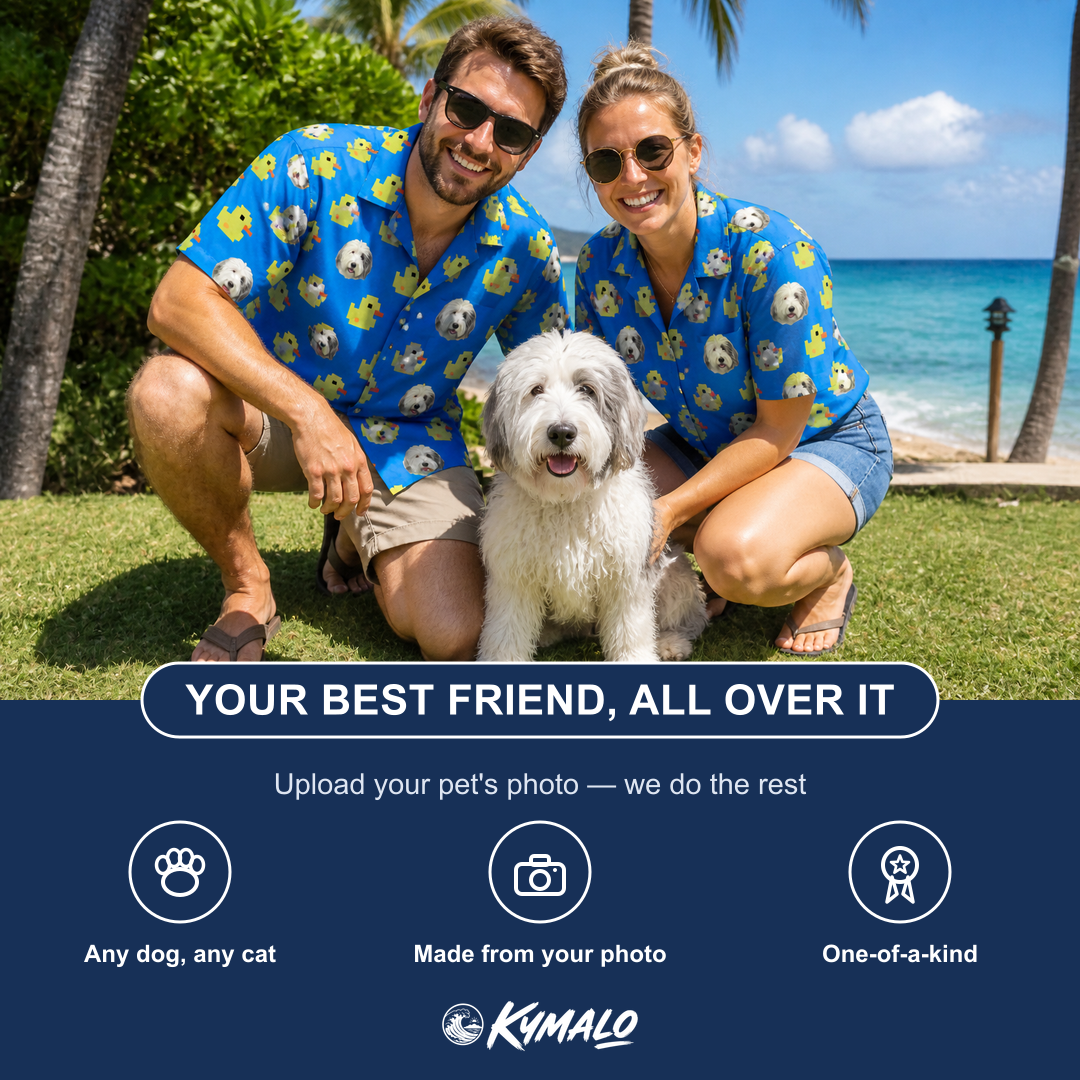 Friends in matching Men's Bark Bath Custom Dog Face Hawaiian Shirt — a group gift photo