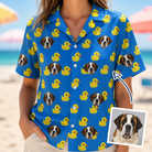 Woman wearing Women's Bark Bath Custom Dog Face Hawaiian Shirt — custom faces printed all-over