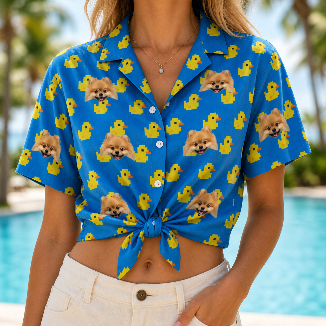 Woman wearing Women's Bark Bath Custom Dog Face Hawaiian Shirt tied at the waist