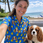 Selfie with the pet whose face is printed all over this Women's Bark Bath Custom Dog Face Hawaiian Shirt