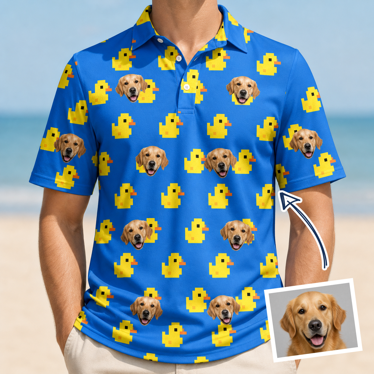 Man wearing Men's Bark Bath Custom Dog Face Polo Shirt — custom faces printed all-over