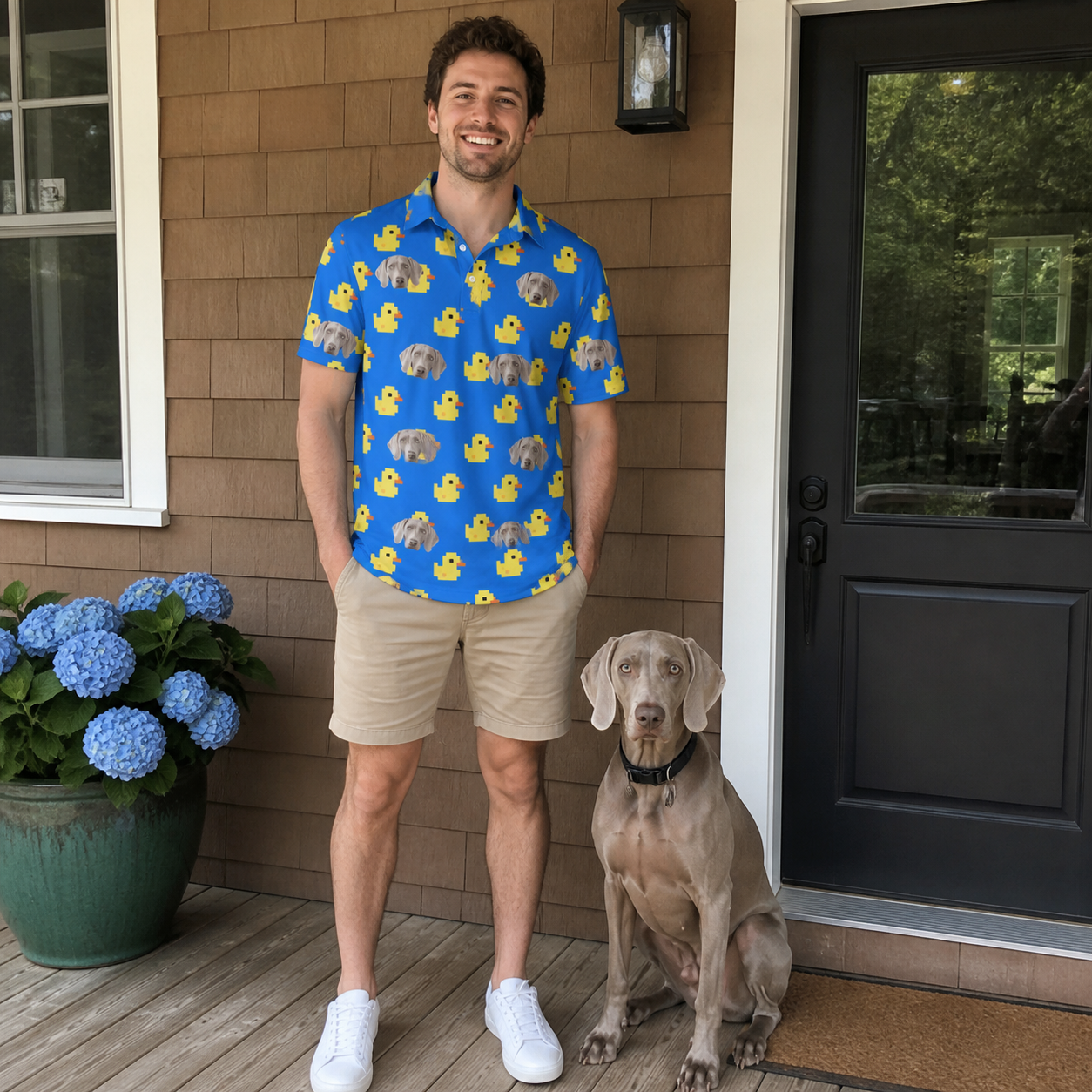 Full-length photo with the pet printed all over this Men's Bark Bath Custom Dog Face Polo Shirt
