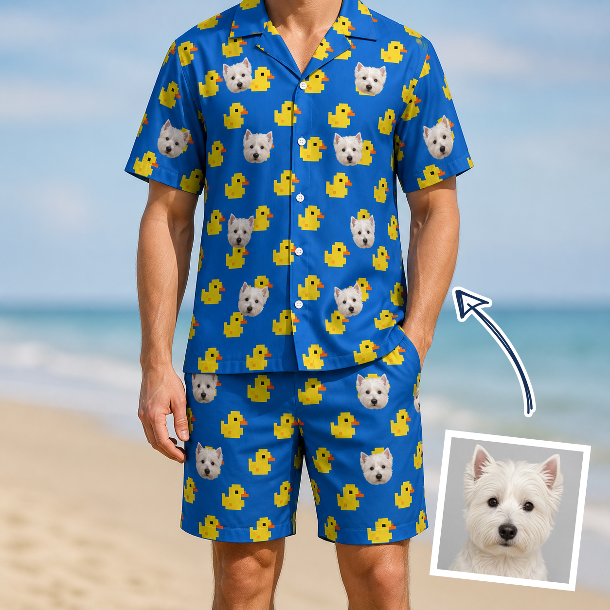 Man wearing Men's Bark Bath Custom Dog Face Shirt & Shorts Set — custom faces printed all-over
