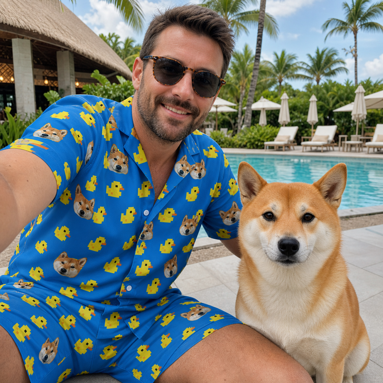 Selfie with the pet whose face is printed all over this Men's Bark Bath Custom Dog Face Shirt & Shorts Set