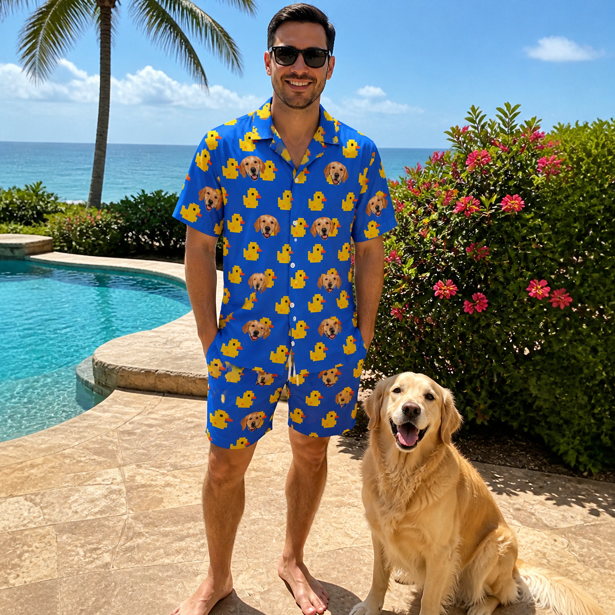 Full-length photo with the pet printed all over this Men's Bark Bath Custom Dog Face Shirt & Shorts Set