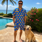 Full-length photo with the pet printed all over this Men's Bark Bath Custom Dog Face Shirt & Shorts Set